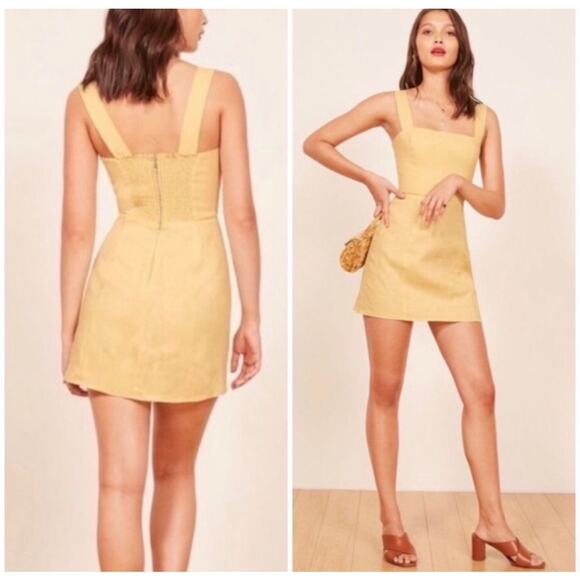 Reformation Brigitte Linen Square Neck Classic Preppy Mini Dress Yellow 0 - Picture 1 of 5